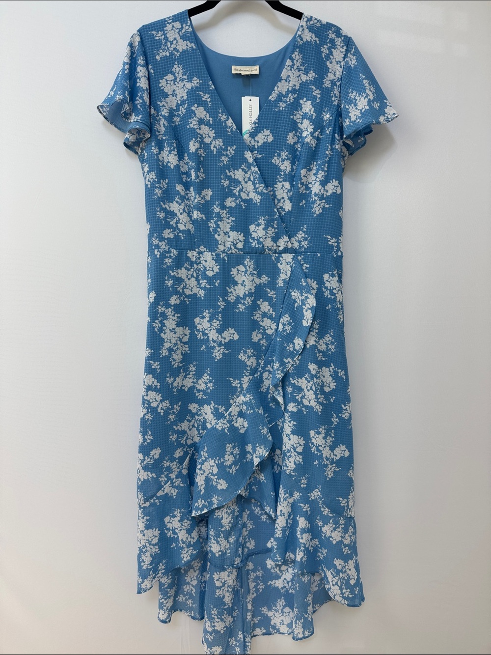 The General Good blue Irina Faux Wrap Hi Lo dress.  Size large petite.
